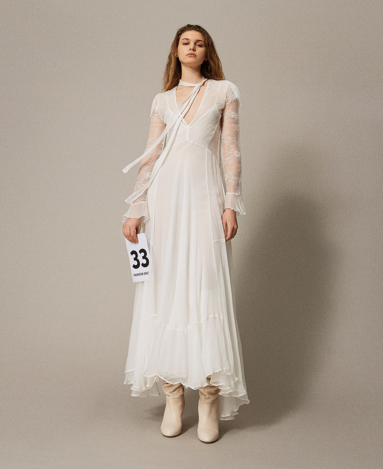 Abito lungo 'Giglio' in pizzo e seta Bianco Neve Donna 251TS2091_00282_PS
