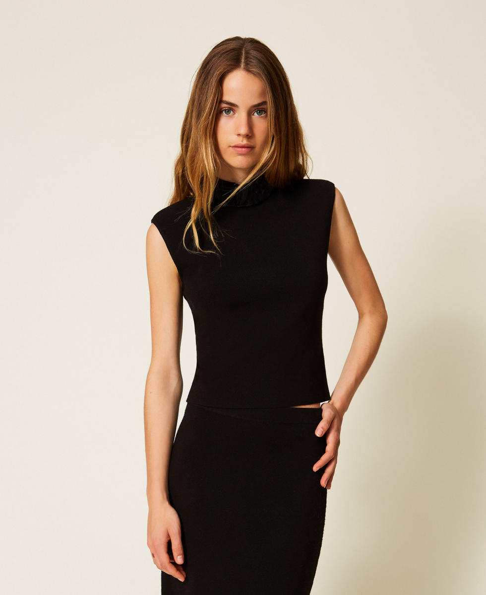Top in maglia e organza Nero Donna 252AP3011_00006_01