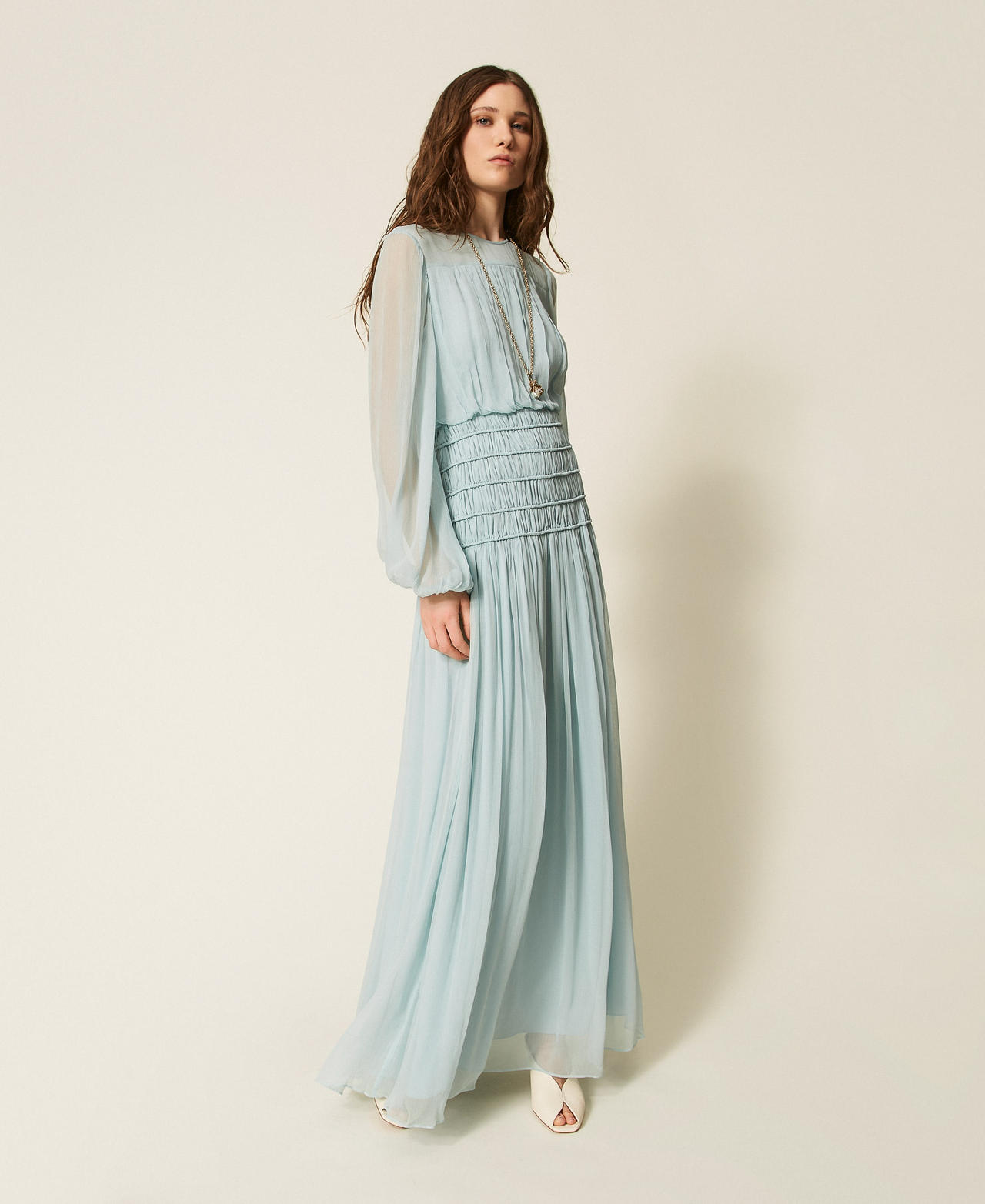 Long cr&eacute;pon dress Dusty Sky Blue Woman 261TT2042_13451_02