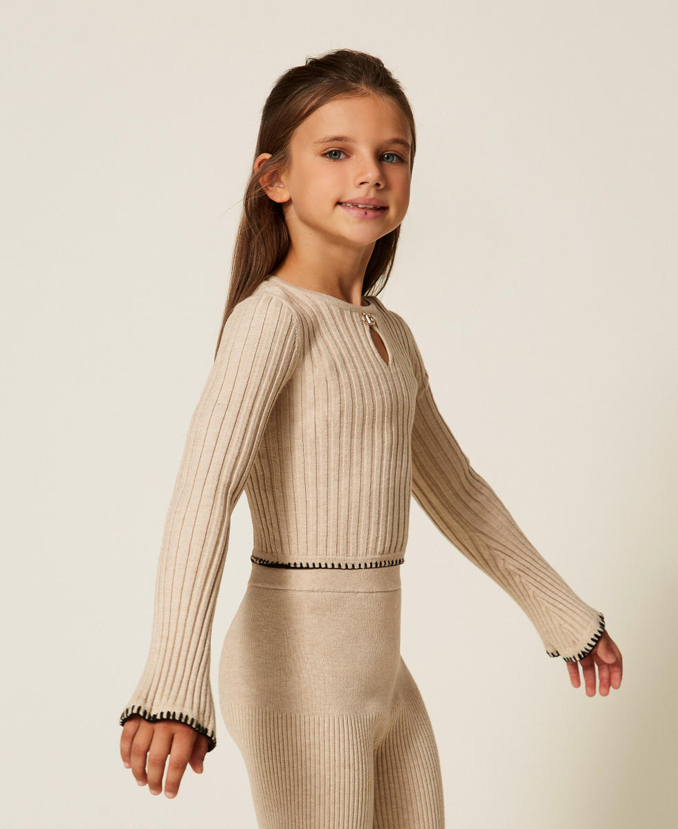Pull ras-du-cou c&ocirc;tel&eacute; avec broderie Beige &laquo;&nbsp;Biscuit&nbsp;&raquo; Fille 252GJ3092_10884_02