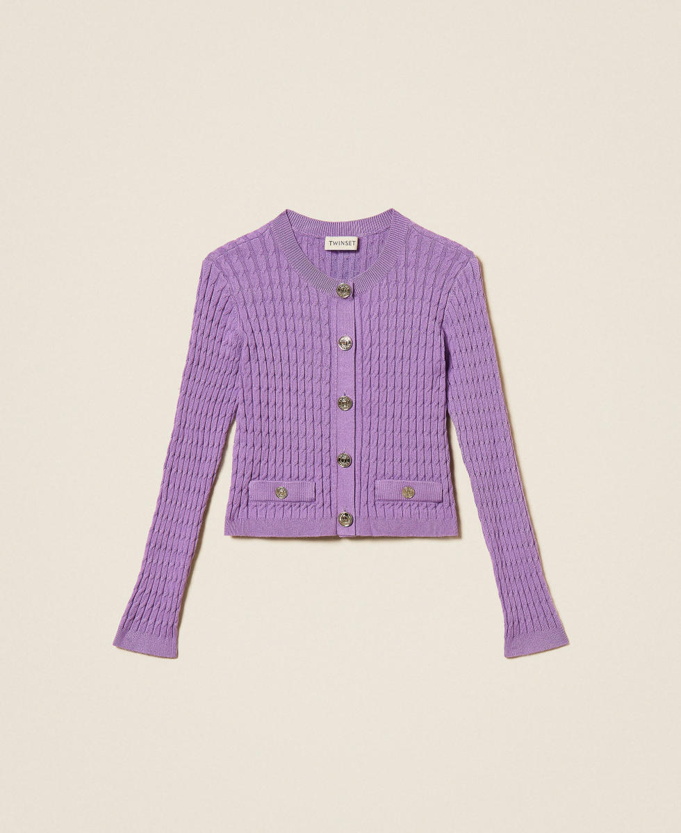 Cardigan ajust&eacute; en maille torsad&eacute;e Violet &laquo;&thinsp;Jacinthe&thinsp;&raquo; Fille 262GJ3072_11296_S0