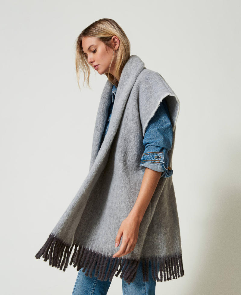 Mottled poncho with fringes Charcoal Grey Woman 242TO5570_11949_02