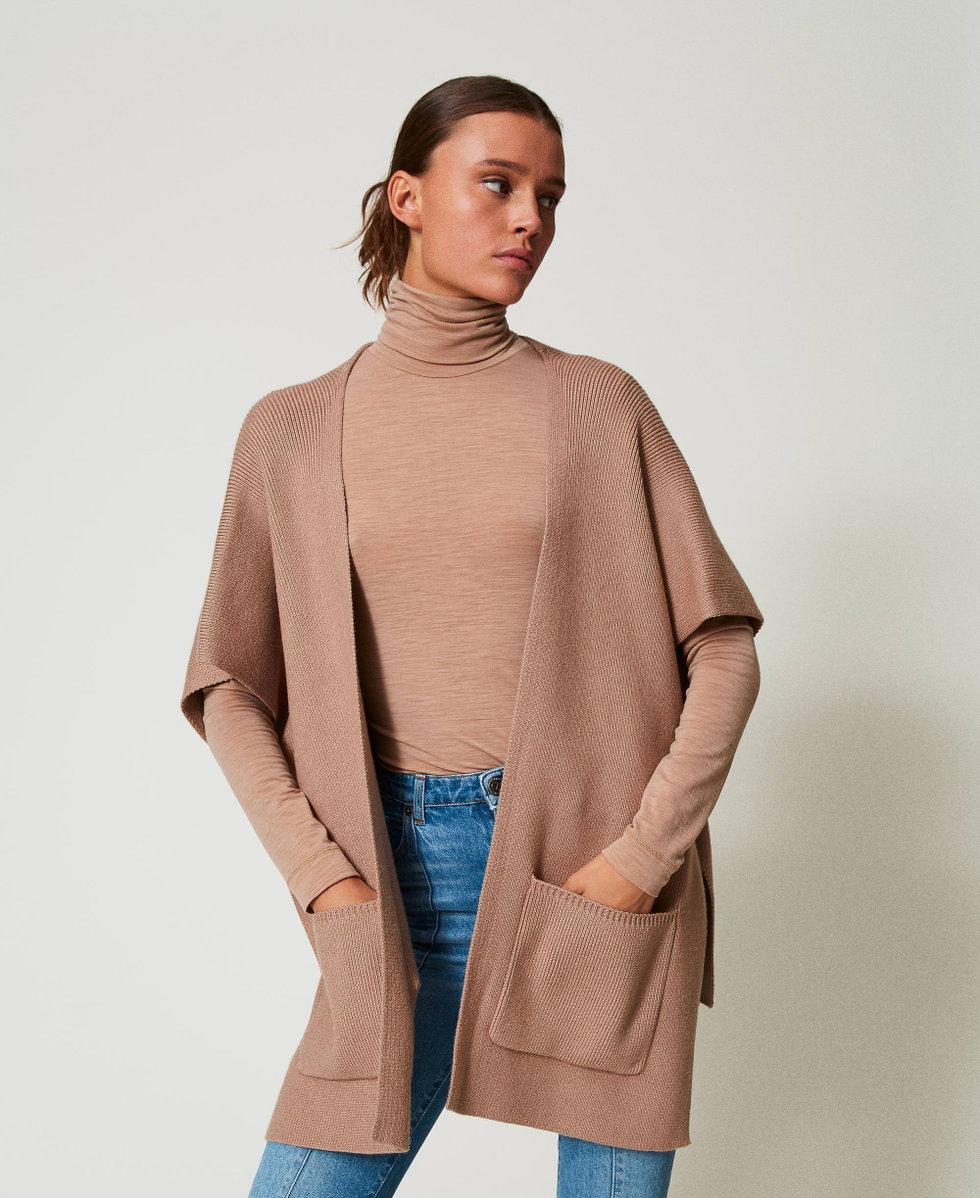 Knit poncho with embroidered logo Sandy Brown Woman 242TA4150_11754_01