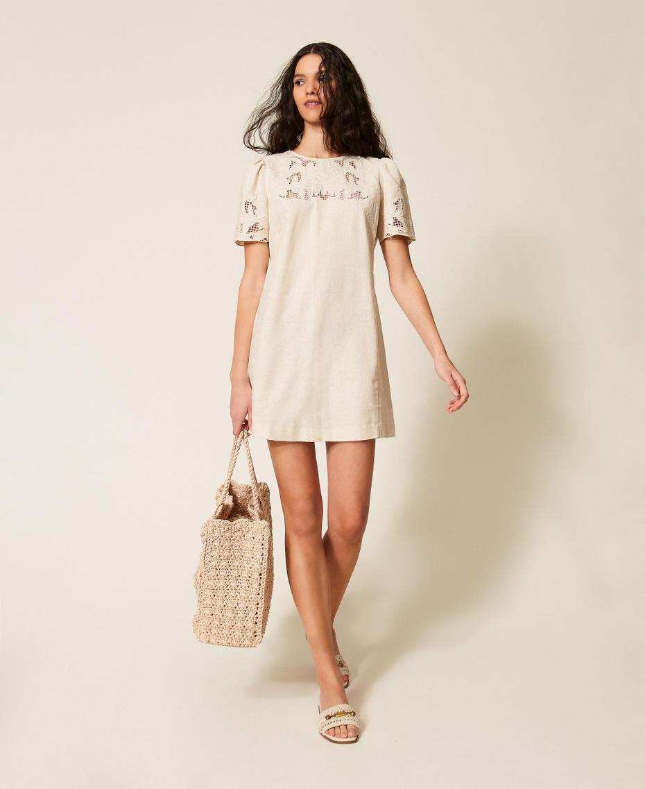 Short linen blend dress with embroidery Mother Of Pearl Woman 261TP2310_00059_01