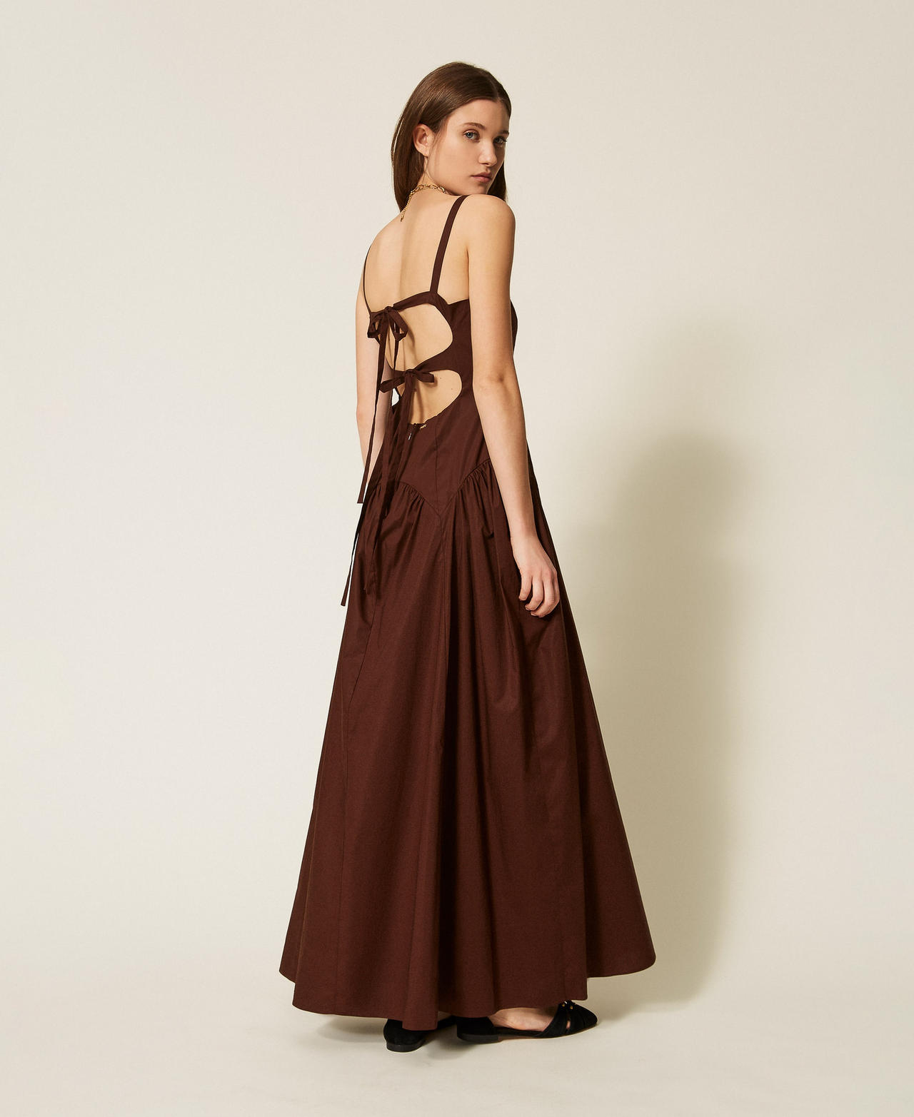 Long gathered poplin dress Coffee Liqueur Woman 261TT2213_12110_03