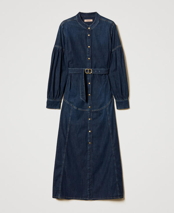 Long denim dress with belt