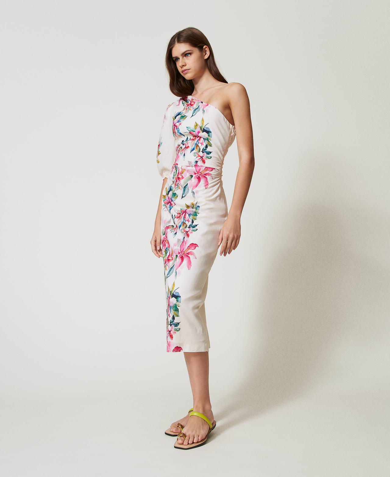 Long linen blend dress with floral print Mother of pearl/Multicolour Stripe Print Woman 251LB2UDD_12198_02