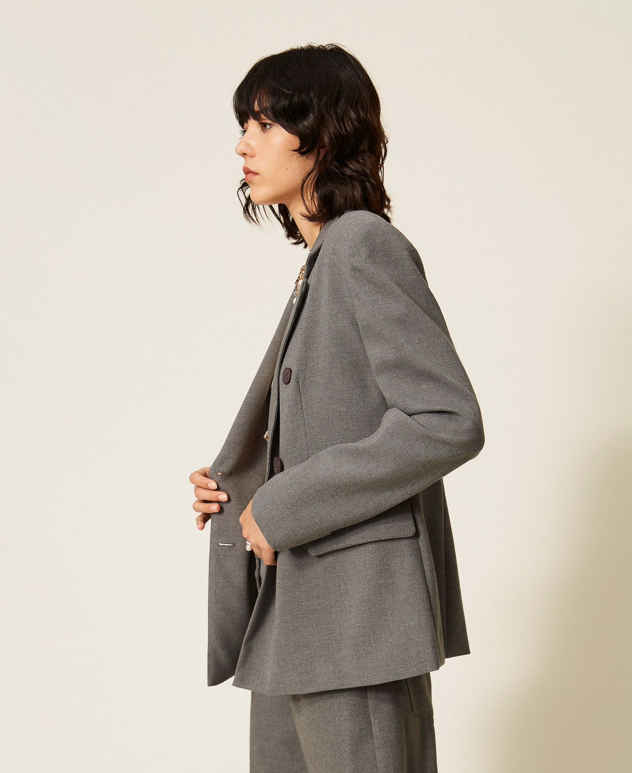 Double-breasted flannel jacket Mid Grey Melange Woman 262AT2210_12838_02