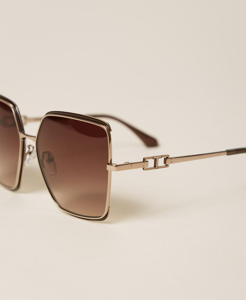 Square-shaped metal sunglasses Shiny Pink Gold with Chocolate Rims Woman 999TZ5098_14164_03