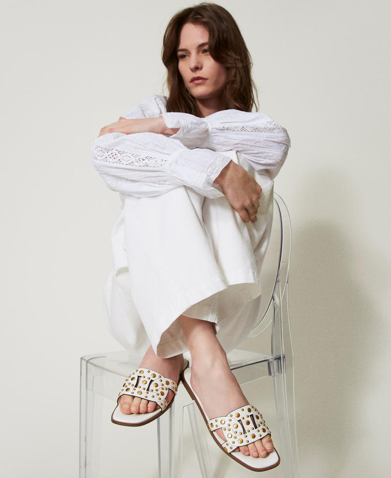 Leather slider sandals with studs White Snow Woman 251TGT072_00282_0T