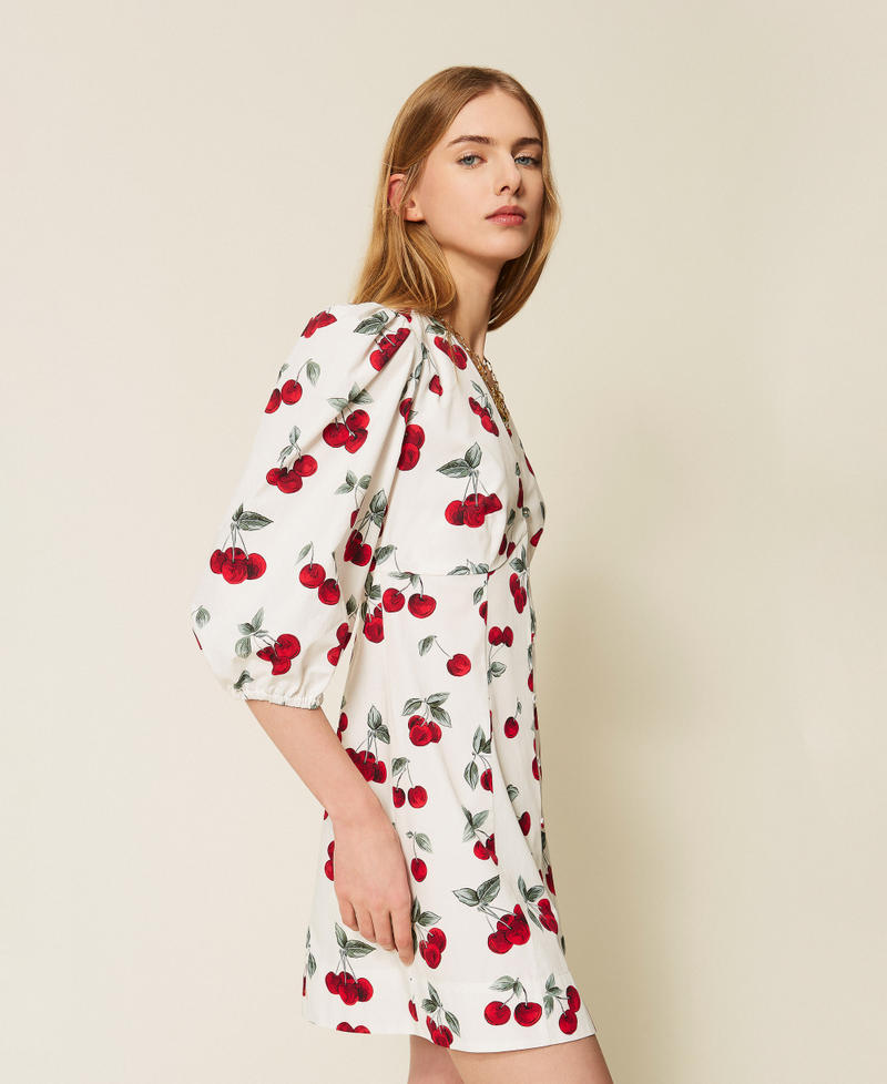 Short poplin dress with cherry print White/Red Cherries Allover Woman 261TT2592_13501_02