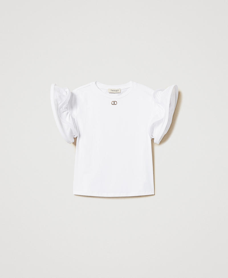 T-shirt with flounces and Oval T "Ice" White Girl 251GJ2440_00808_S0