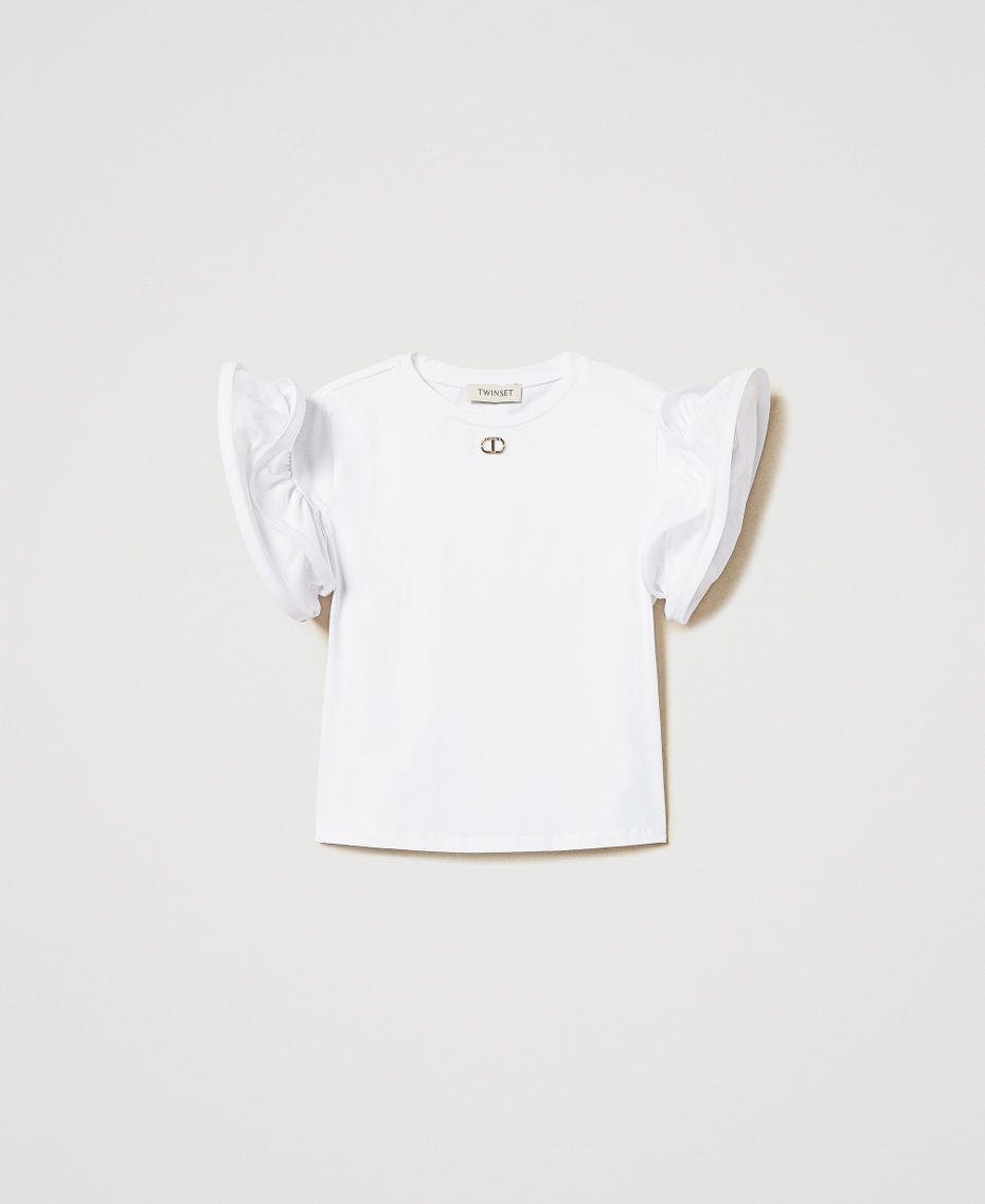 T-shirt with flounces and Oval T "Ice" White Girl 251GJ2440_00808_S0