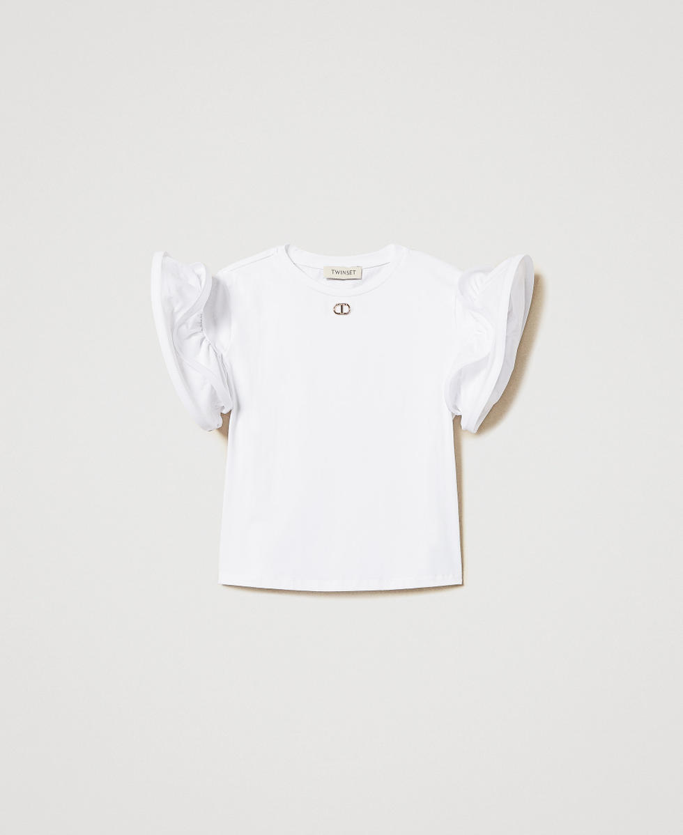 T-shirt con balze e Oval T Bianco "Ice" Bambina 251GJ2440_00808_S0