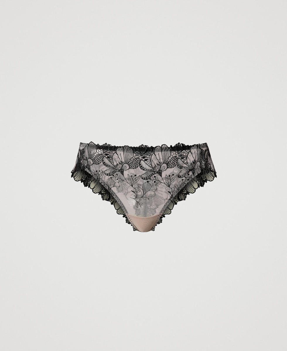 Slip brasiliana in tulle ricamato Bicolor Wonder Beige / Nero Donna 242LL6F77_12002_S0