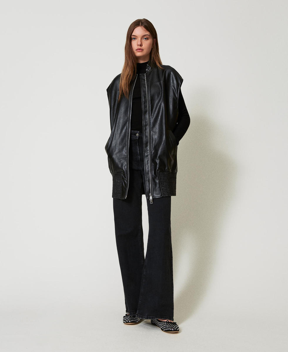 Long faux leather sleeveless jacket Woman, Black | TWINSET Milano