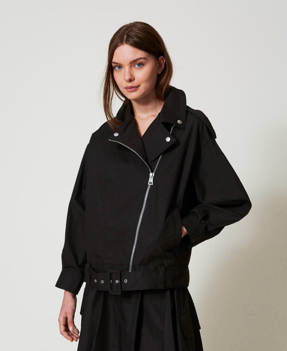 Oversized biker jacket with belt Black Woman 251AP2052_00006_03