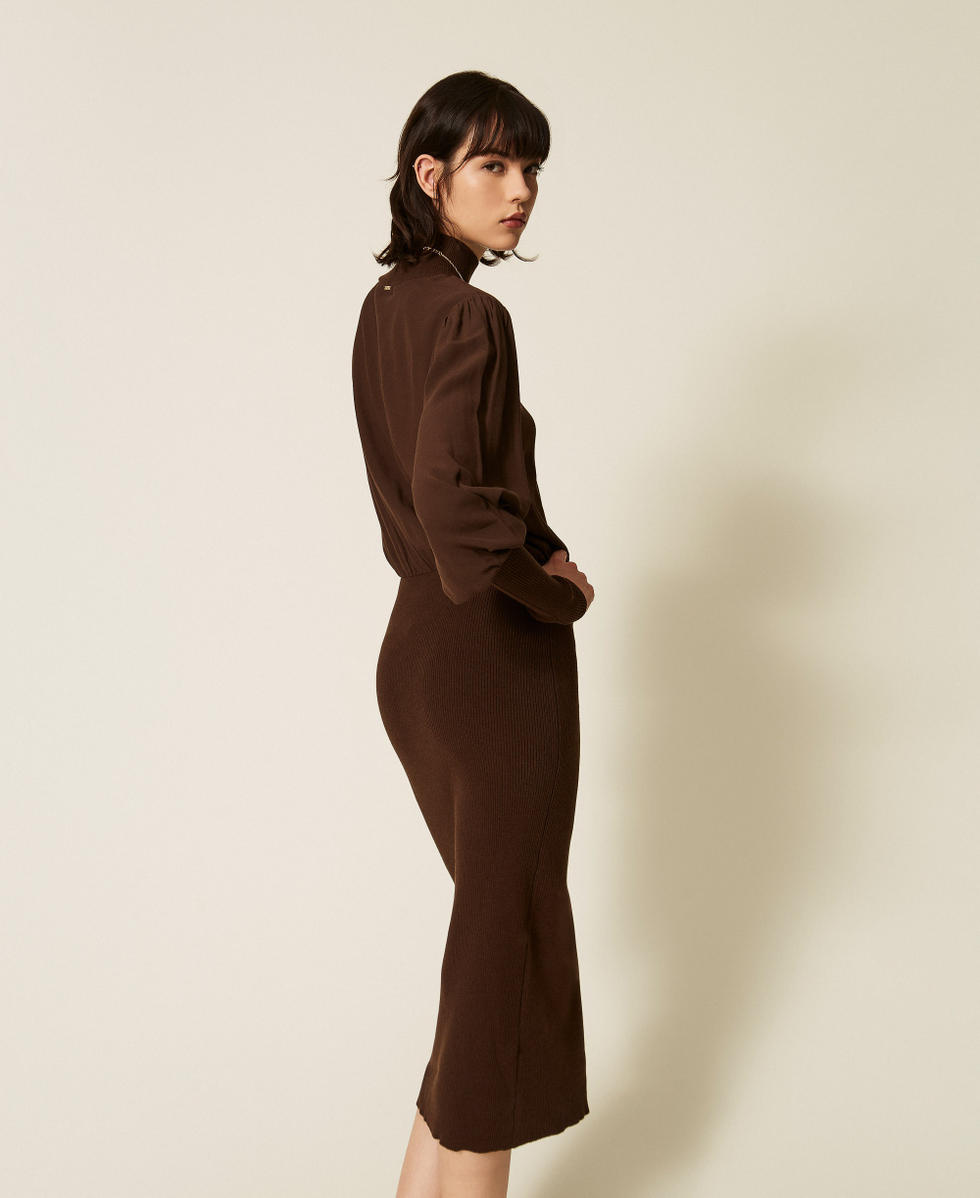 Knit and cr&ecirc;pe de Chine long dress Darkness Brown Woman 262TP3240_13411_03