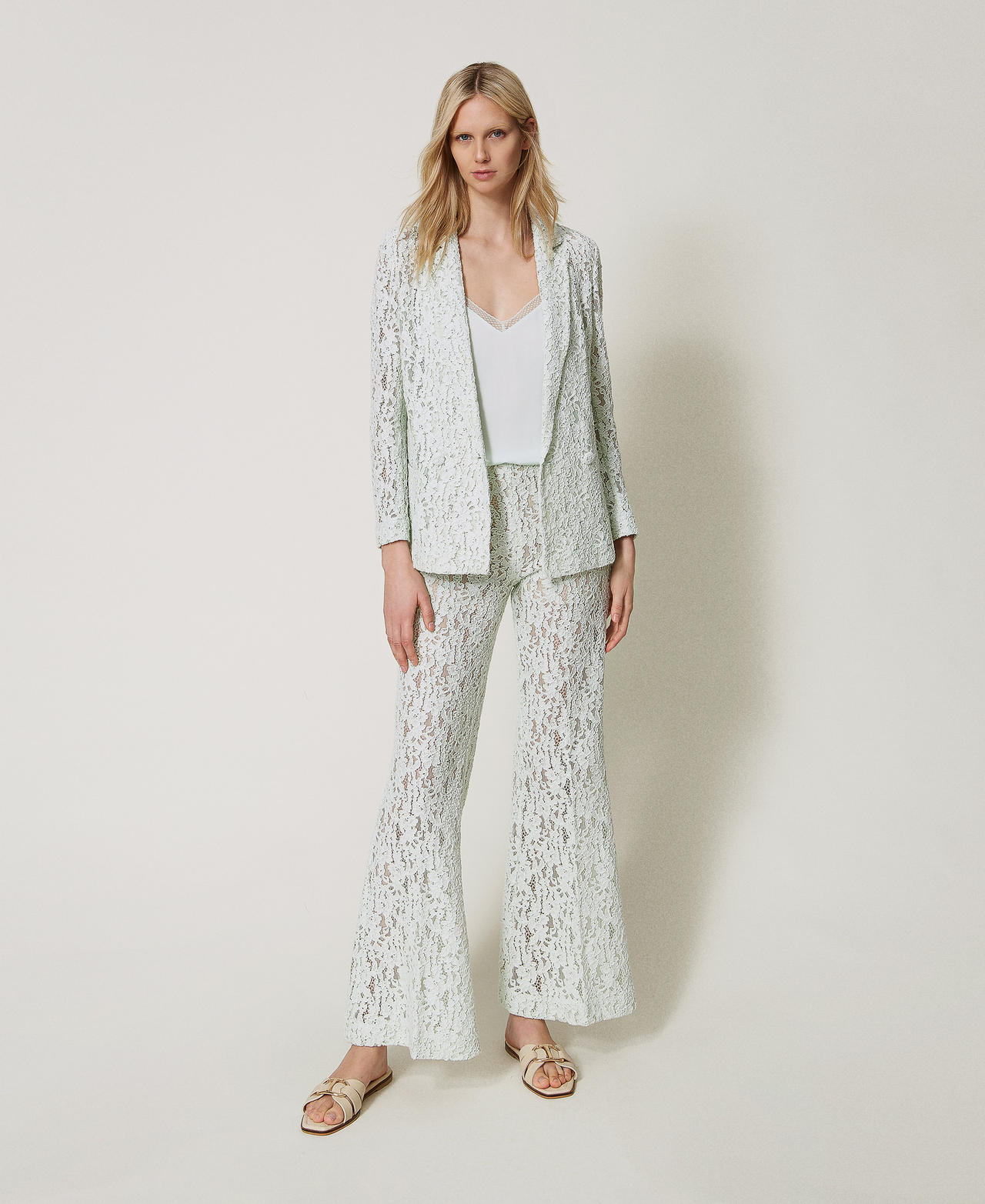 Flared trousers in floral lace Water Green Woman 251TT2016_12371_01