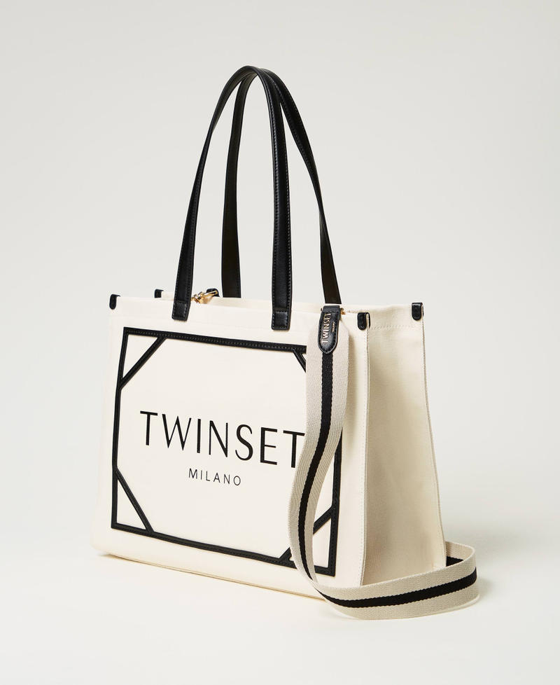 Canvas shopper bag with logo Mother Of Pearl Woman 251TB7081_00059_02