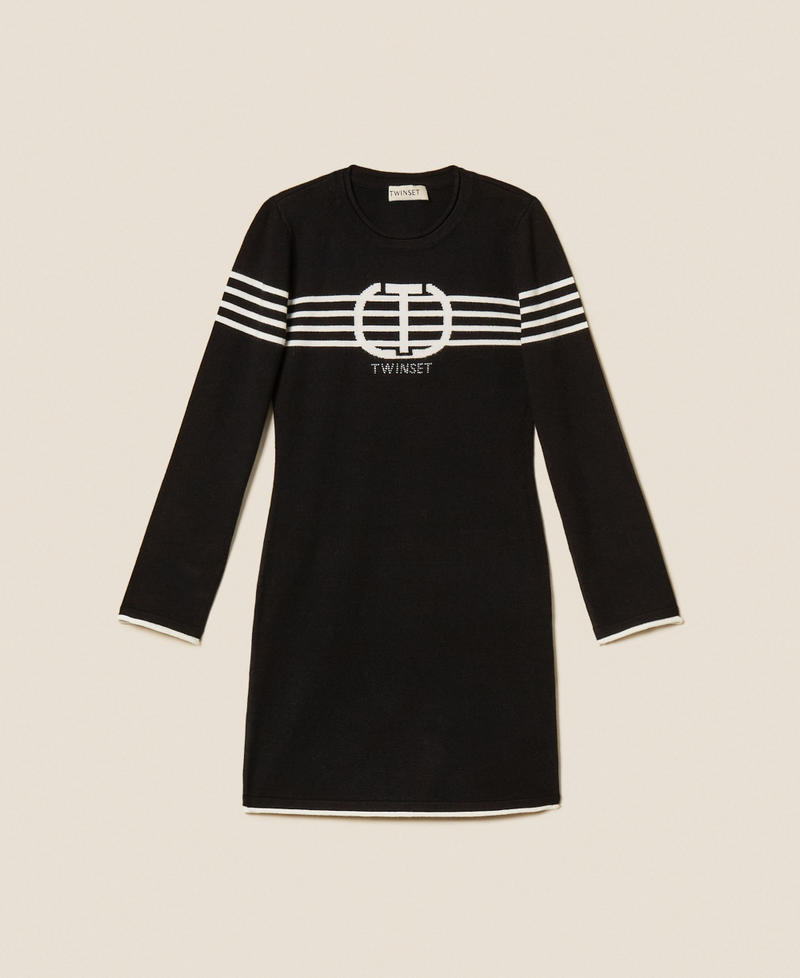 Girls' short dress with stripes and Oval T Black/Off White Girl 252GB309B_12732_S0