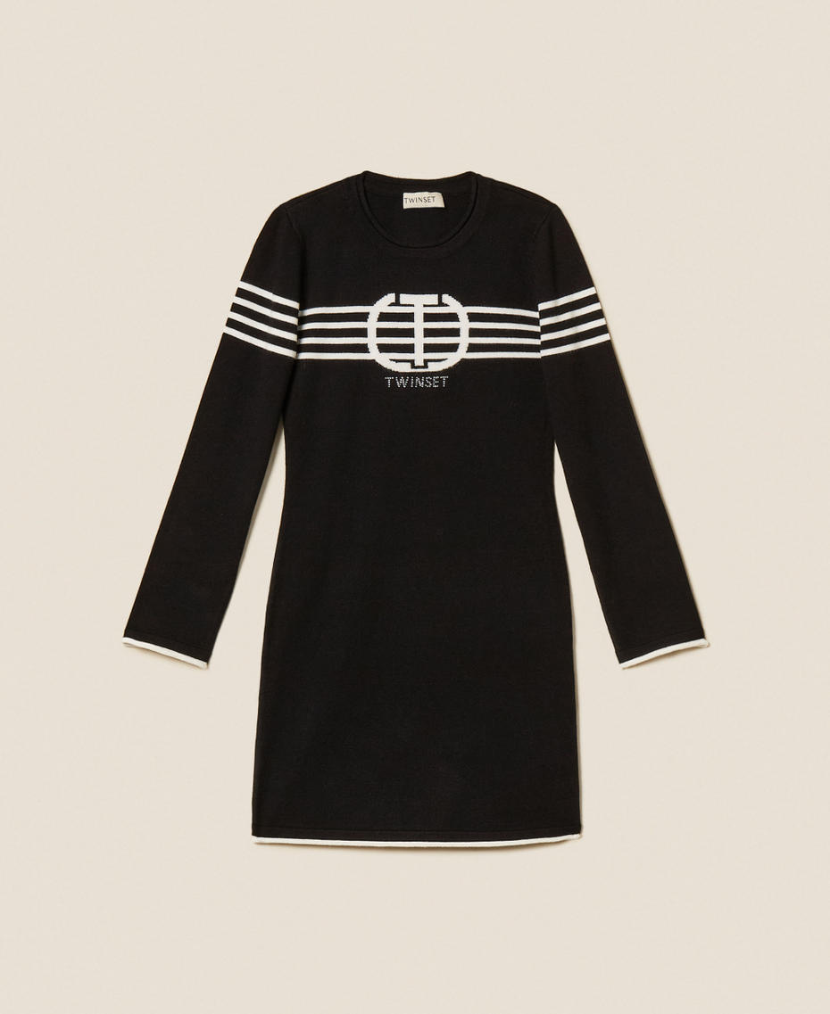 Girls' short dress with stripes and Oval T Black/Off White Girl 252GB309B_12732_S0