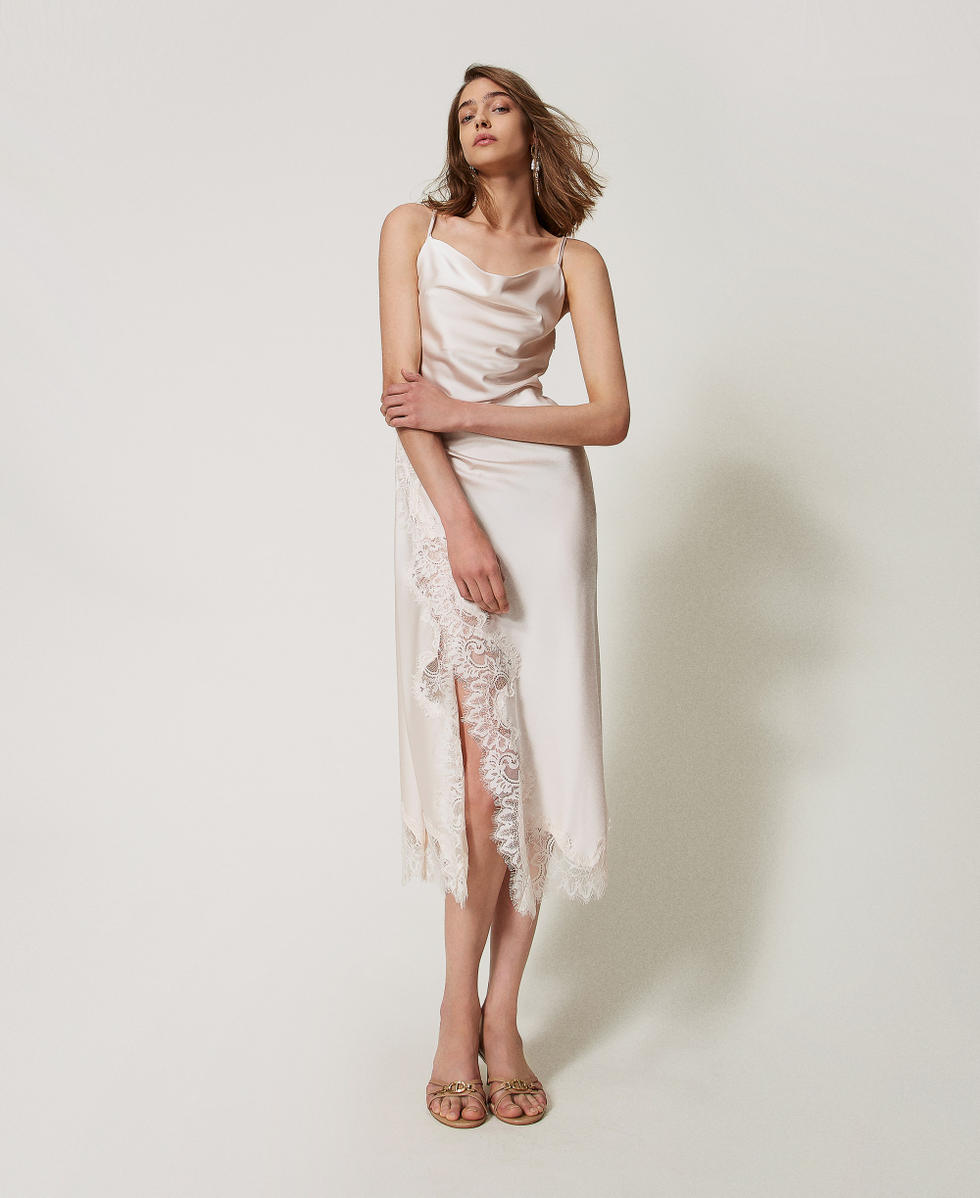 Robe midi en satin et dentelle Blanc &laquo;&nbsp;Old White&nbsp;&raquo; Femme 251TQ2012_11748_01