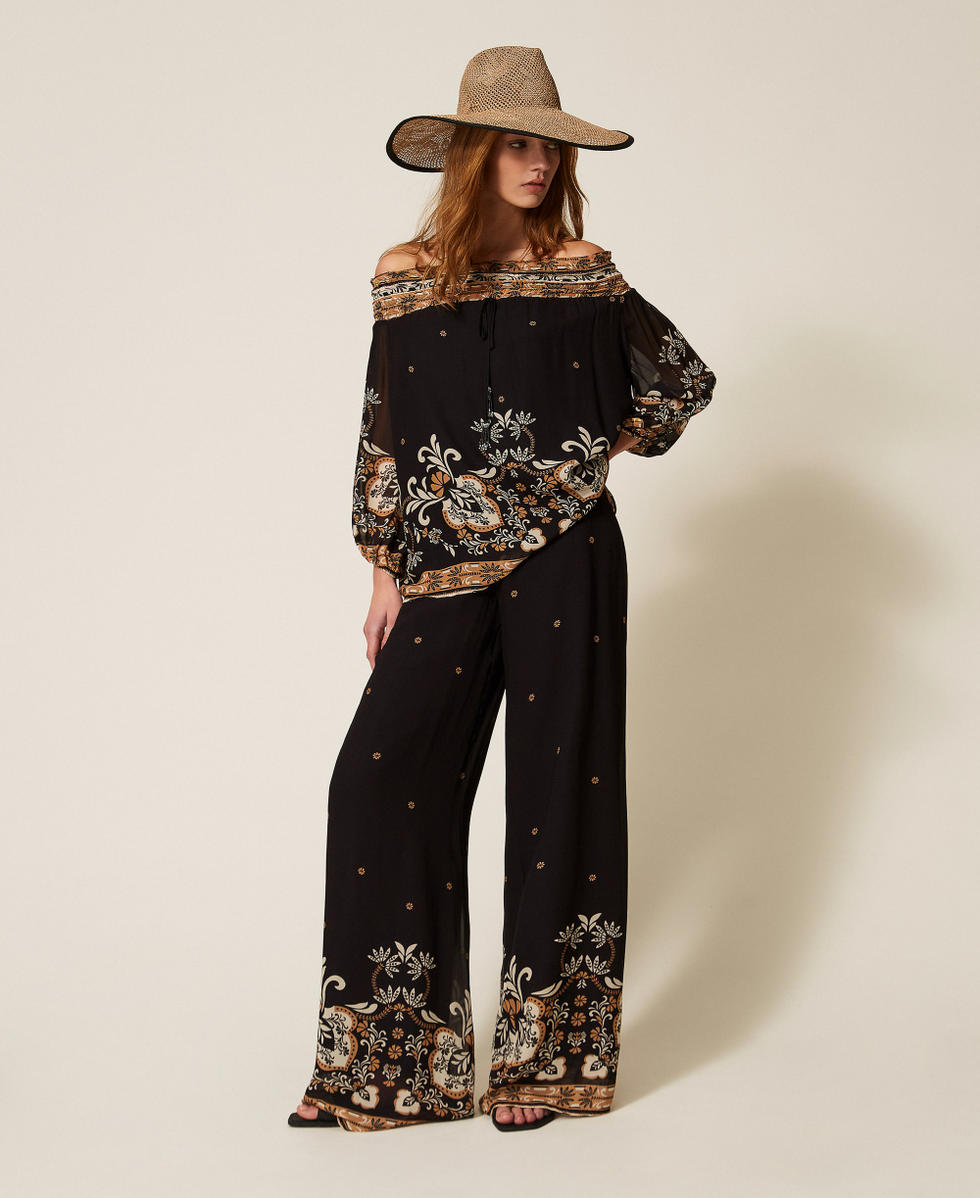 Blusa in georgette stampata Stampa Foulard Nero Donna 261LB2LAA_13225_01
