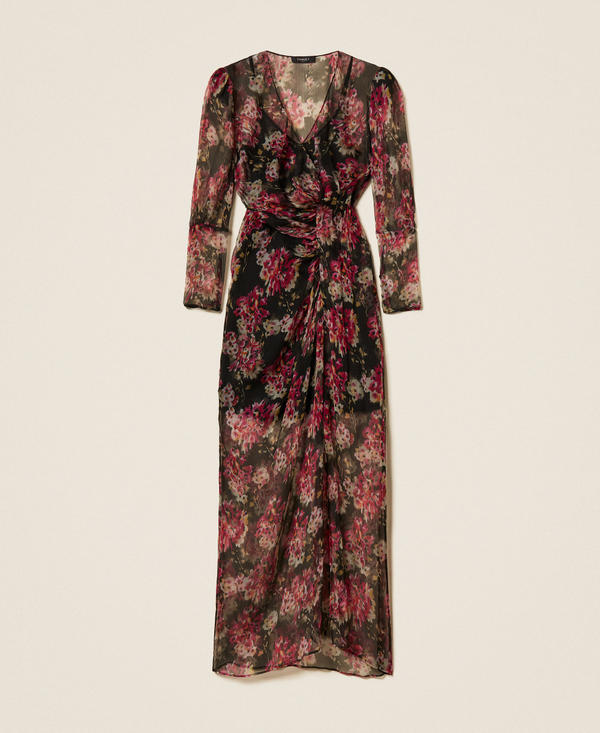 Long silk creponne floral dress