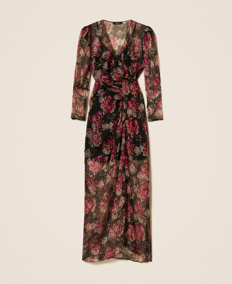 Long silk creponne floral dress Black/Magenta Floral Print Woman 252TS2353_13099_S0