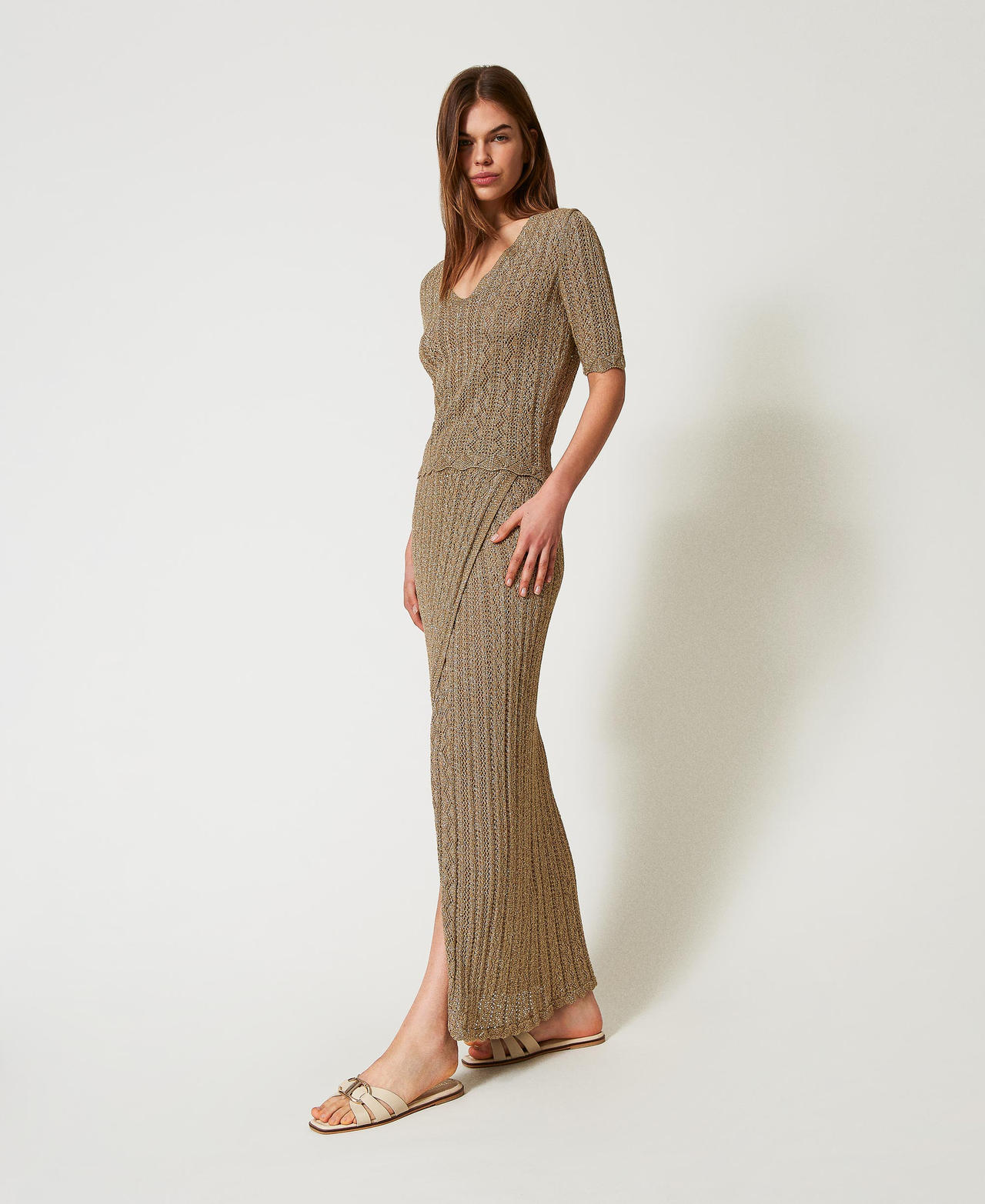 Long skirt in a lurex knit Golden Green Lurex Woman 251TT3192_12454_02