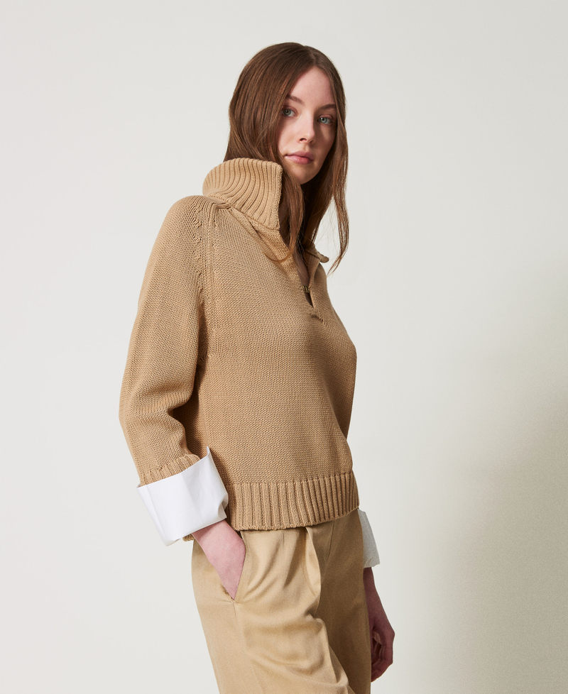 Cotton and poplin jumper Two-tone Rope Beige/Optical White Woman 251TE3050_12425_02