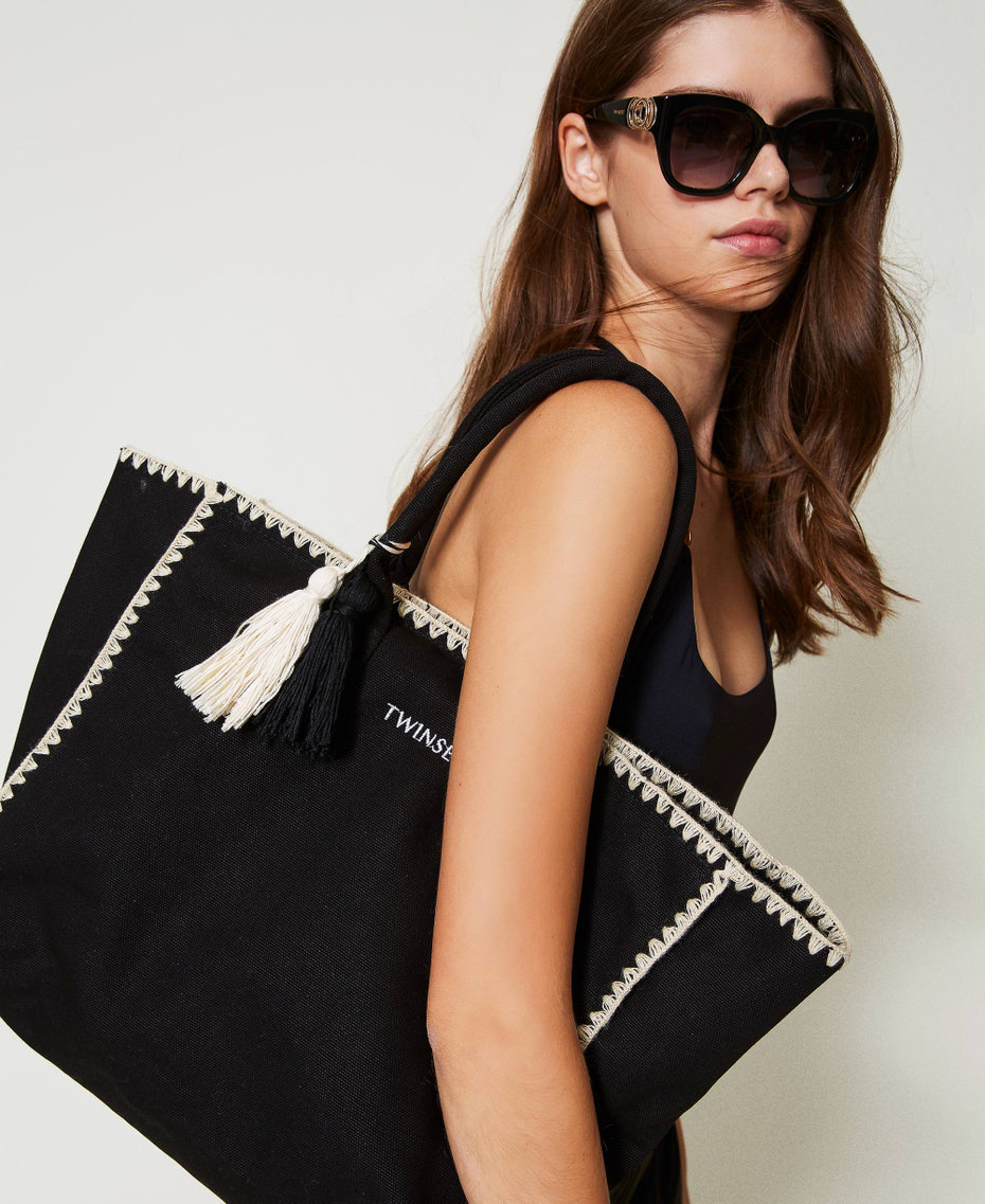 Borsa shopper in canvas con ricamo Nero Donna 251LB7AFF_00006_0T