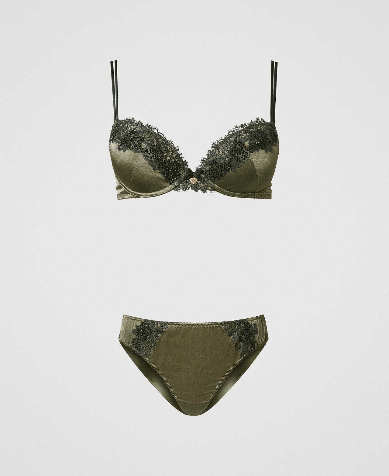 Silk push-up bra and Brazilian briefs set Two-tone Green Moss / Blackout Woman 242LL6C44_11999_0S