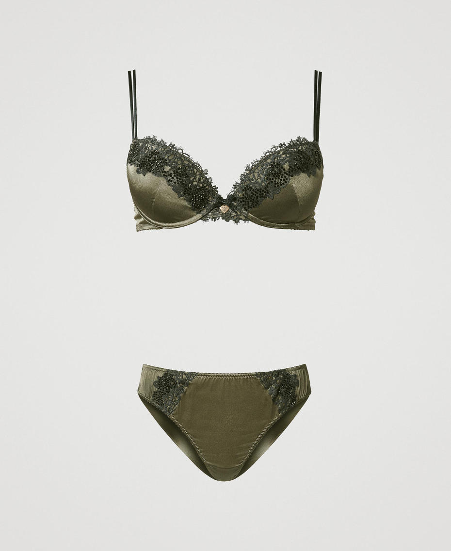 Silk push-up bra and Brazilian briefs set Two-tone Green Moss / Blackout Woman 242LL6C44_11999_S0