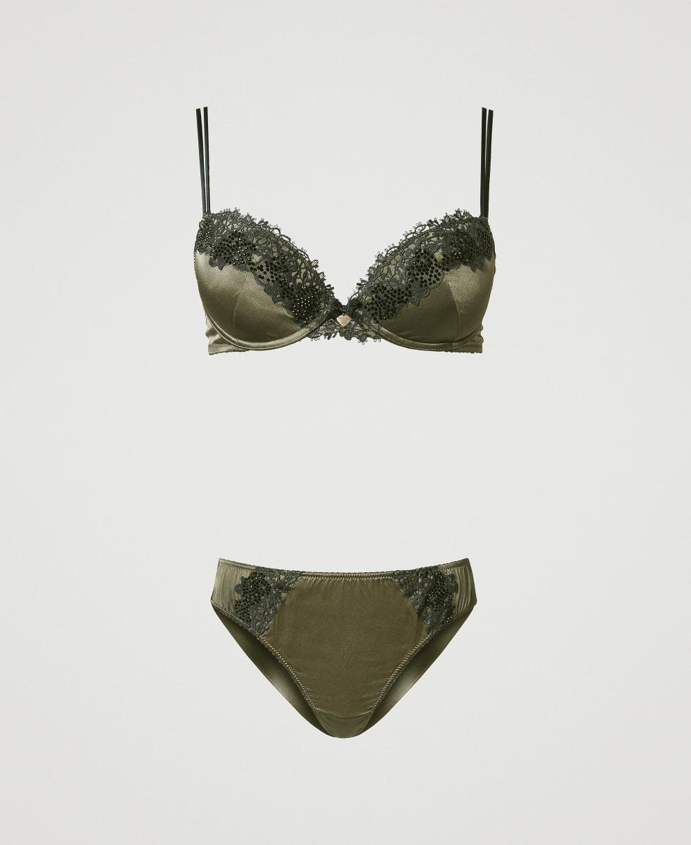 Reggiseno push-up e slip brasiliana in seta Bicolor Green Moss / Blackout Donna 242LL6C44_11999_S0