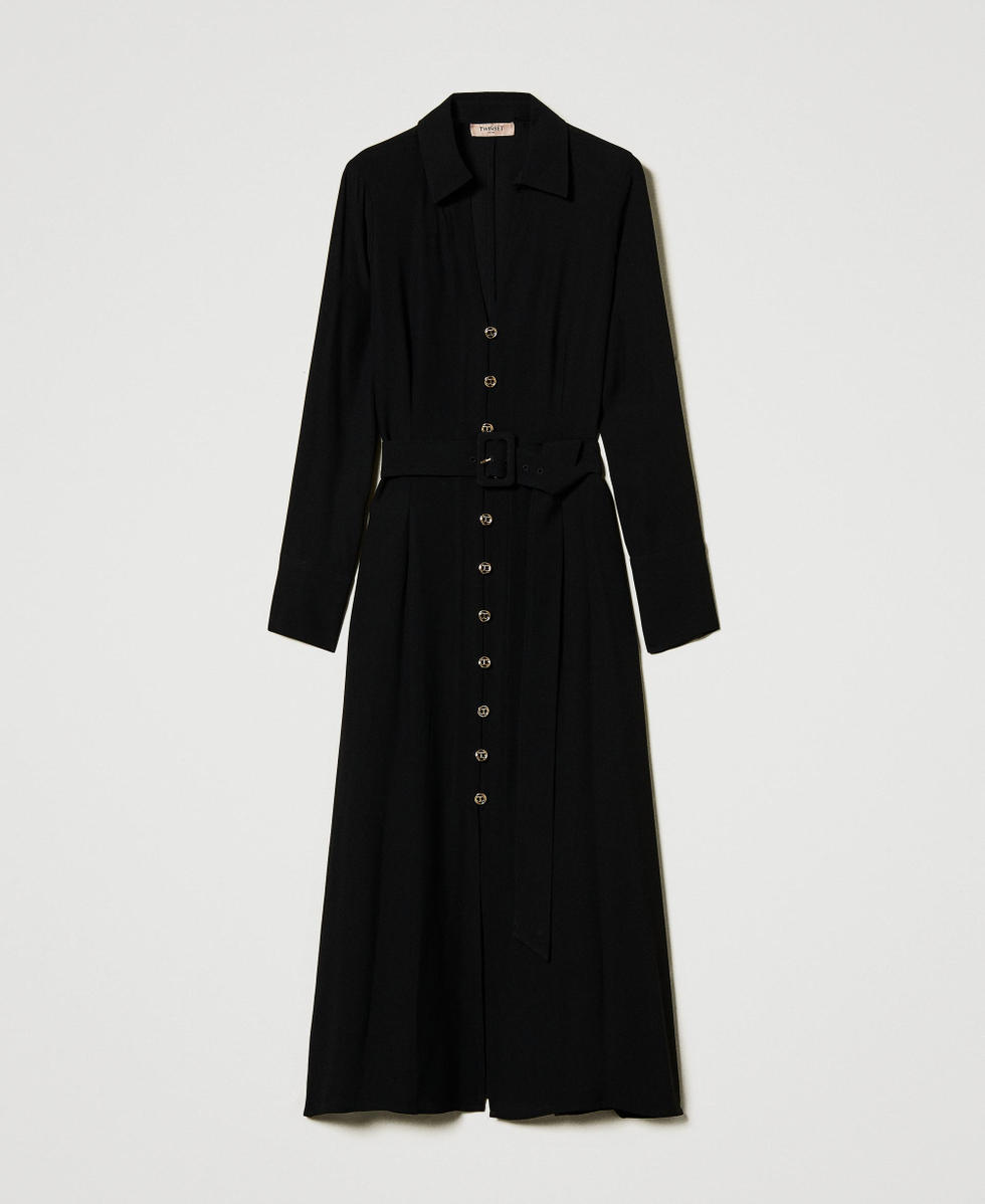 Long cr&ecirc;pe georgette shirt dress Black Woman 242TT2320_00006_S0