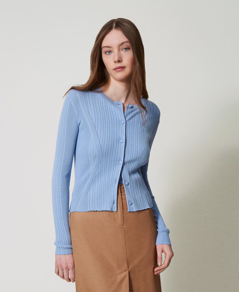 Fitted ribbed cardigan Light Blue Topaz Woman 251LL3FAA_12106_01