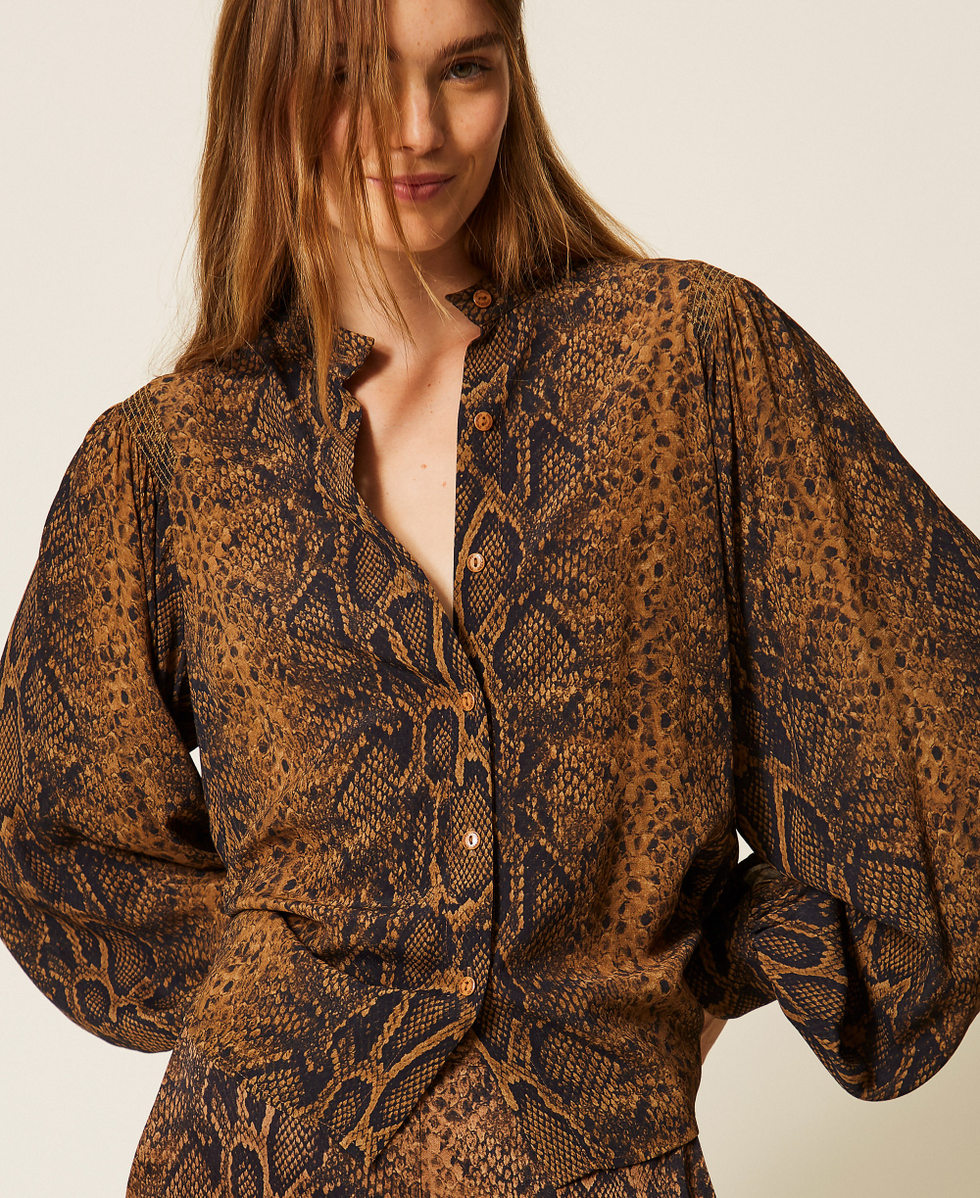 Cr&ecirc;pe de Chine python print shirt "Nut" Brown/ Black Python Print Woman 262TT2602_14141_04