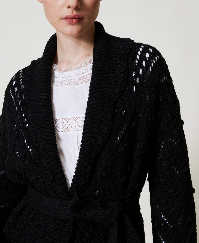 Openwork knit cardigan with belt Black Woman 251TP3543_00006_04