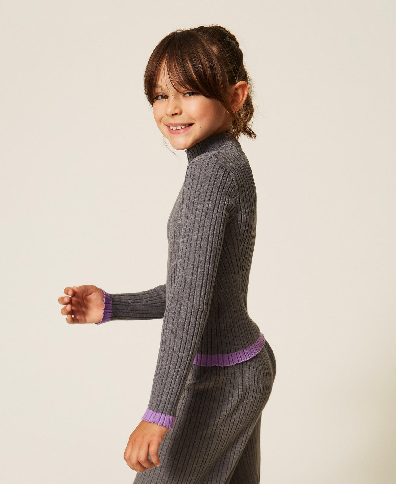 Ribbed turtleneck jumper Two-tone Dark Grey Melange/"Hyacinth" Purple Girl 262GJ3011_13768_02