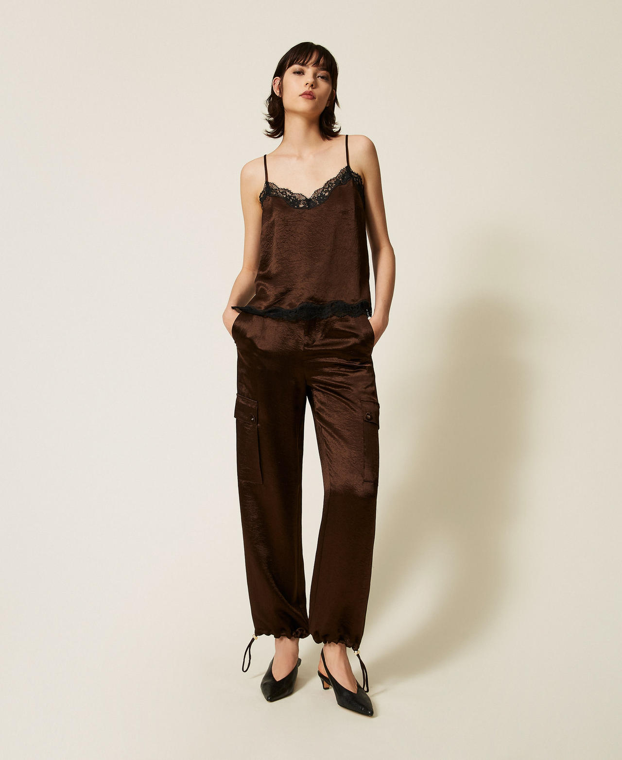 Froiss&eacute; satin cargo trousers Darkness Brown Woman 262TP2101_13411_01