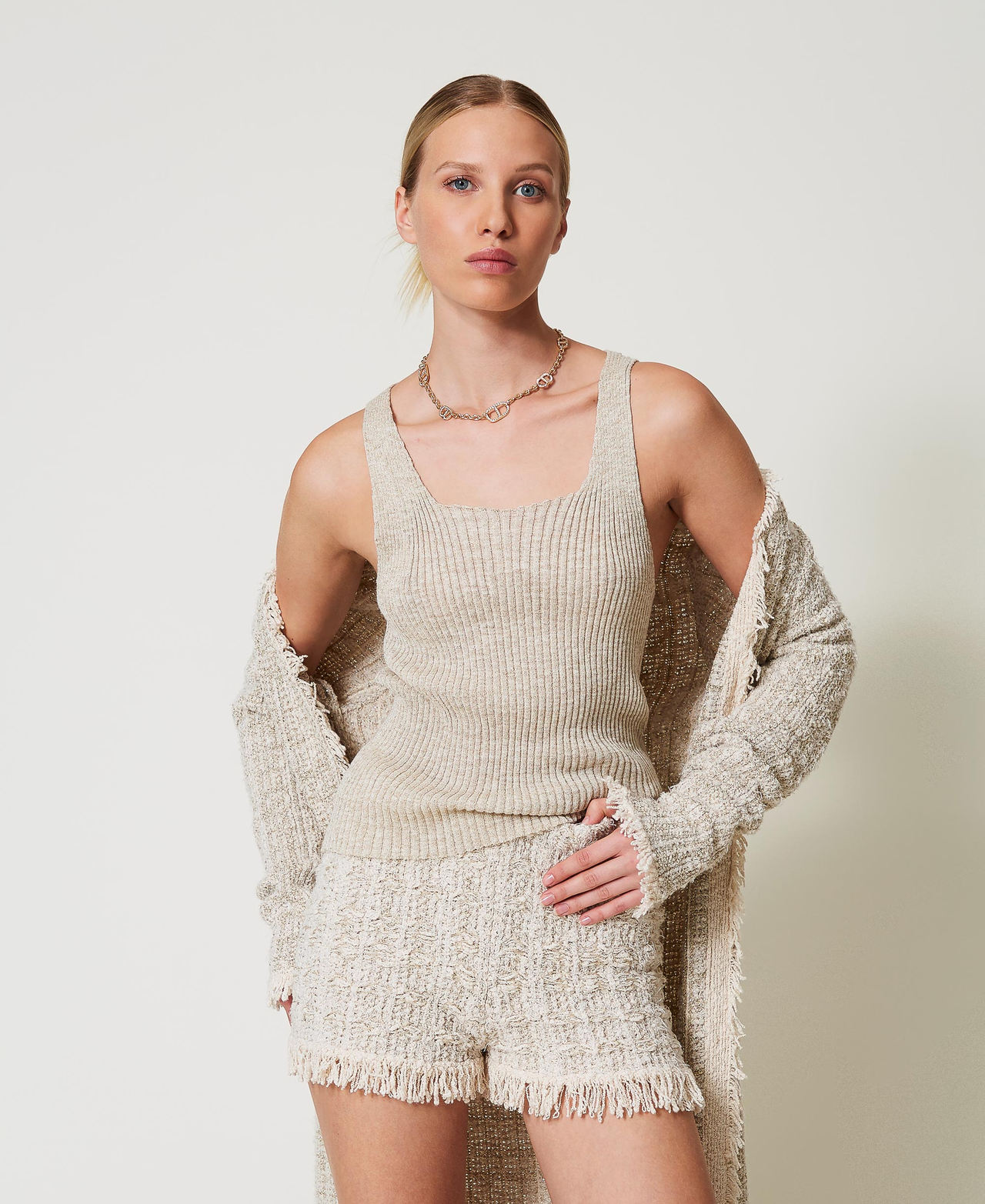 Linen blend knit top Two-tone Snow/Gold Lurex Woman 251TP3370_12326_01