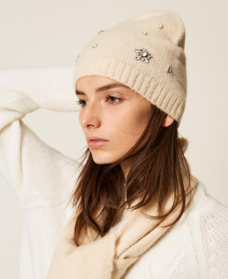 Bonnet en alpaga mélangé avec strass et perles Beige « Crystal Sand » Femme 252AA4020_12610_T0
