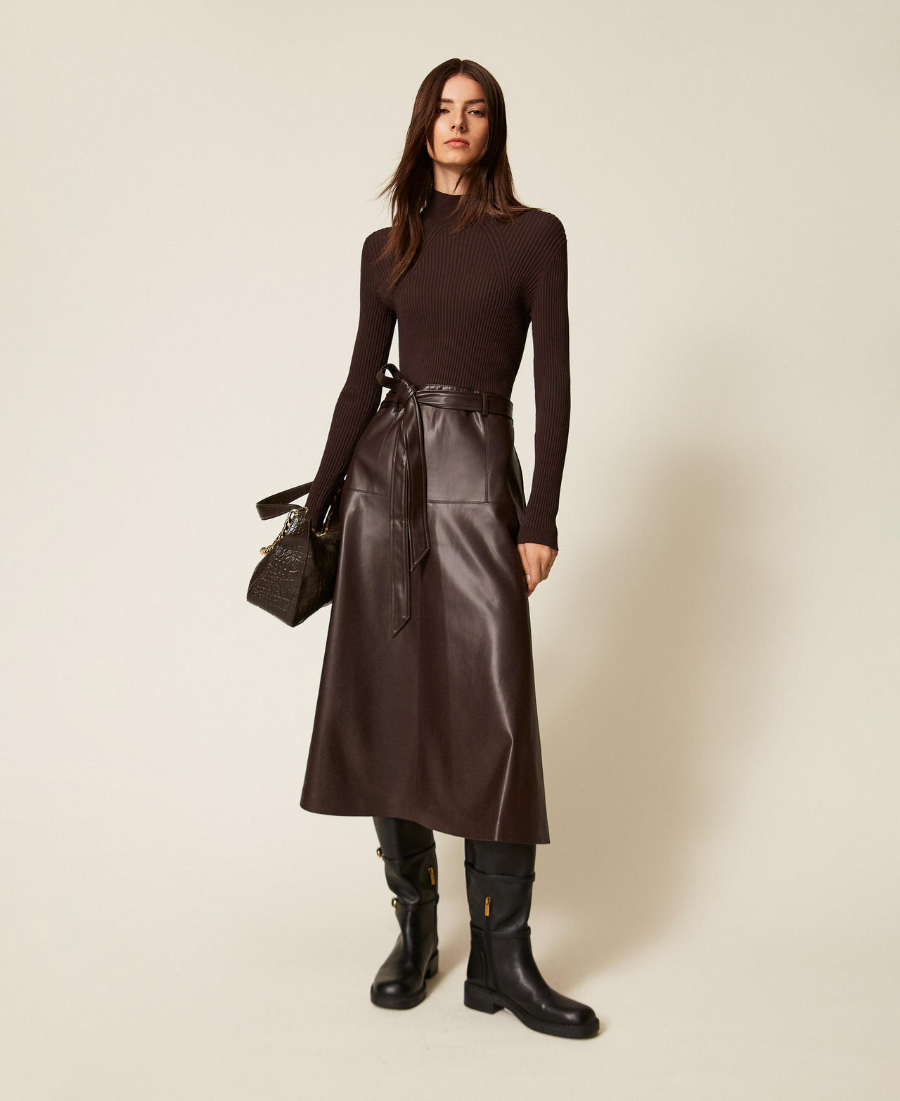 Long knit dress with leather effect