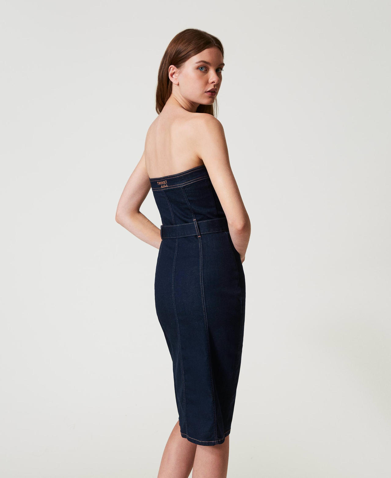 Midi denim bustier dress Rinsed Denim Woman 251AP2350_06295_02