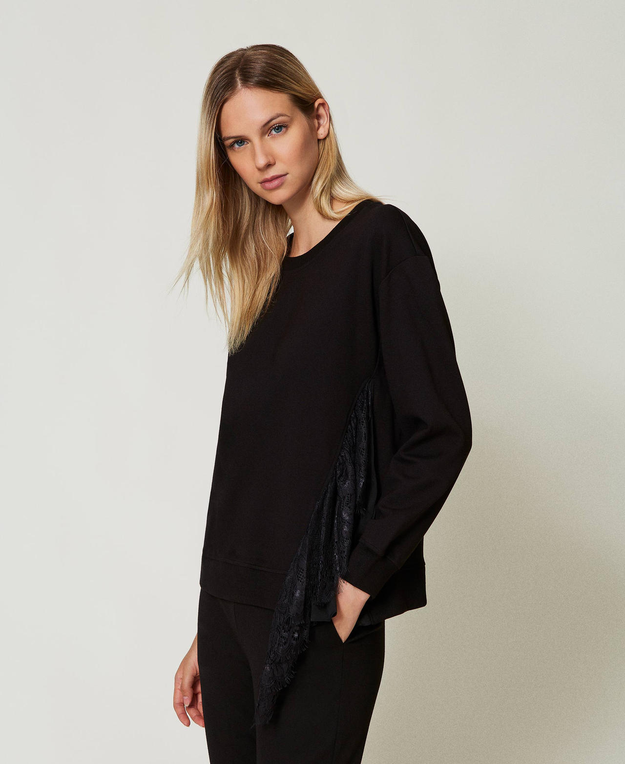 Felpa con inserto plisse e pizzo Donna Nero TWINSET Milano