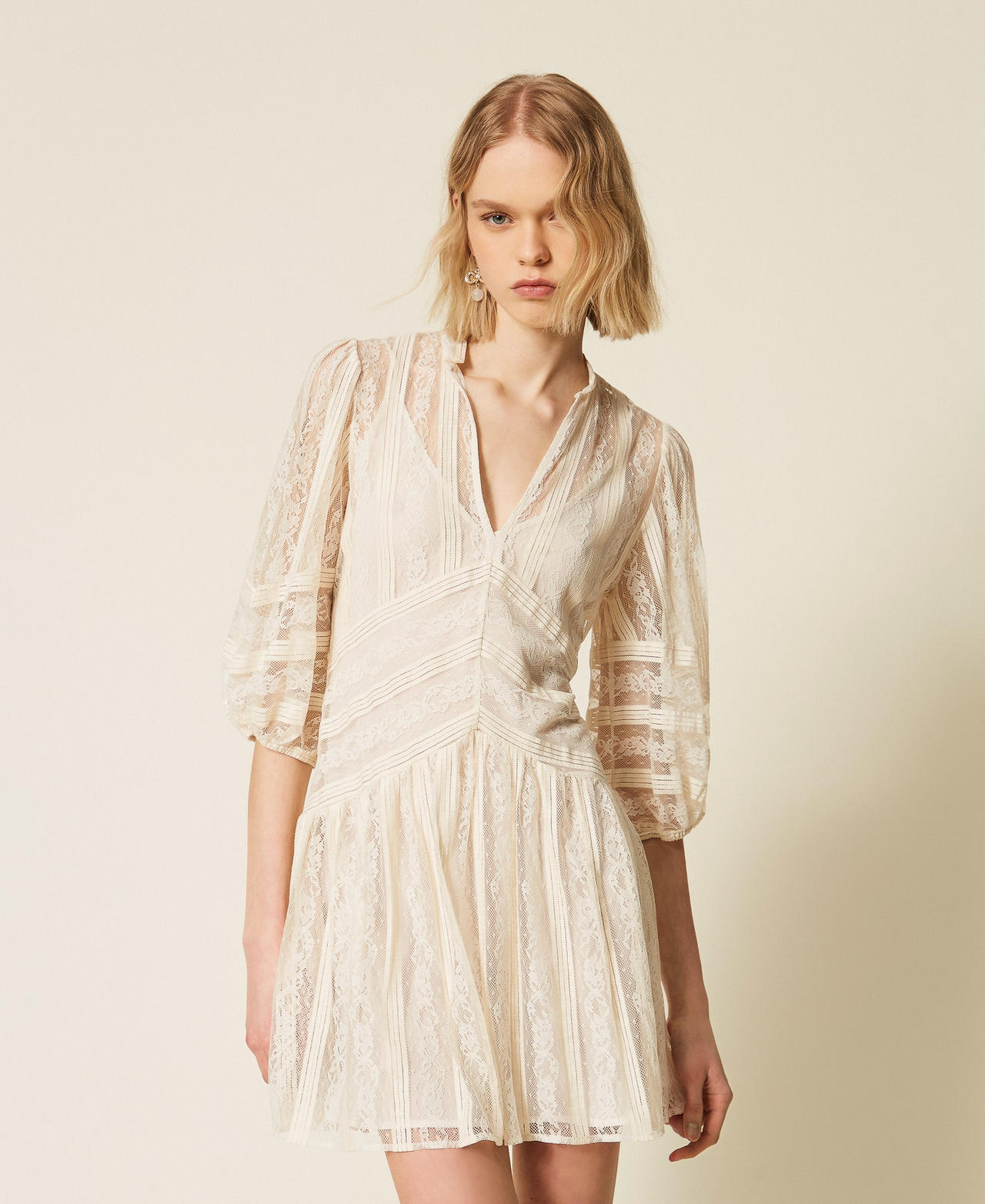 Twinset Women's Mother Of Pearl Short Striped Lace Dress