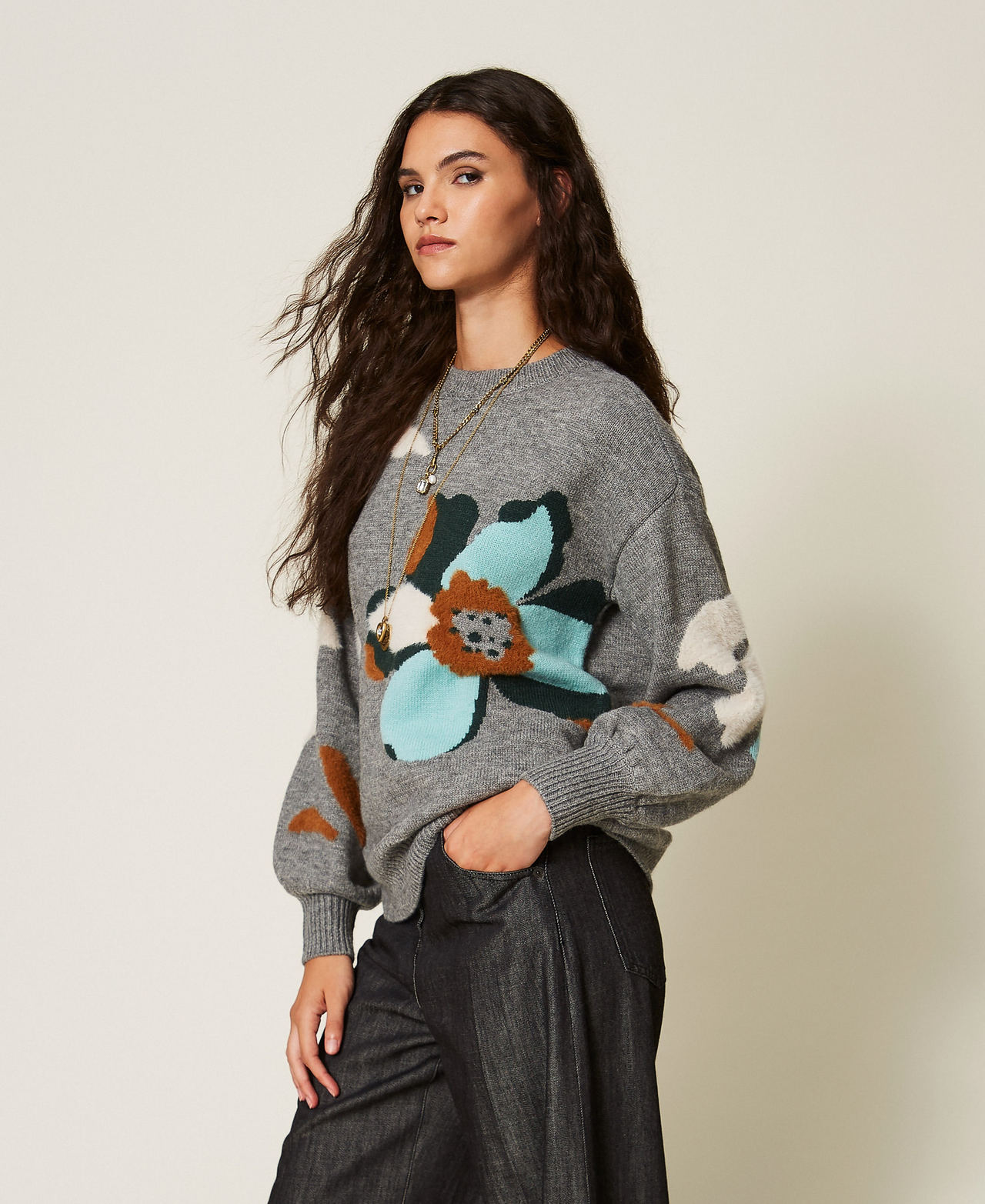 TWINSET - Pull avec fleur incrustée, Femme, Bicolore Gris Moyen Chiné/Émeraude, XL