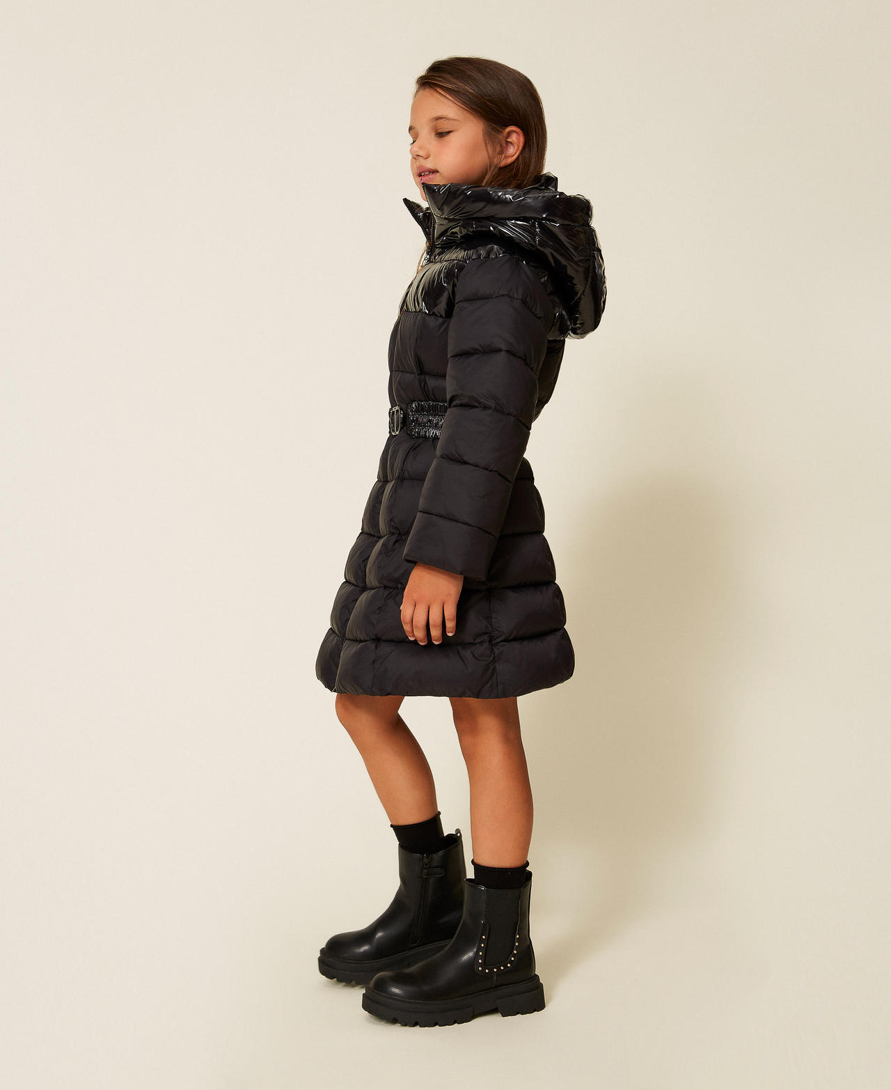 Long puffer jacket with logo belt Black Girl 252GJ2160_00006_03